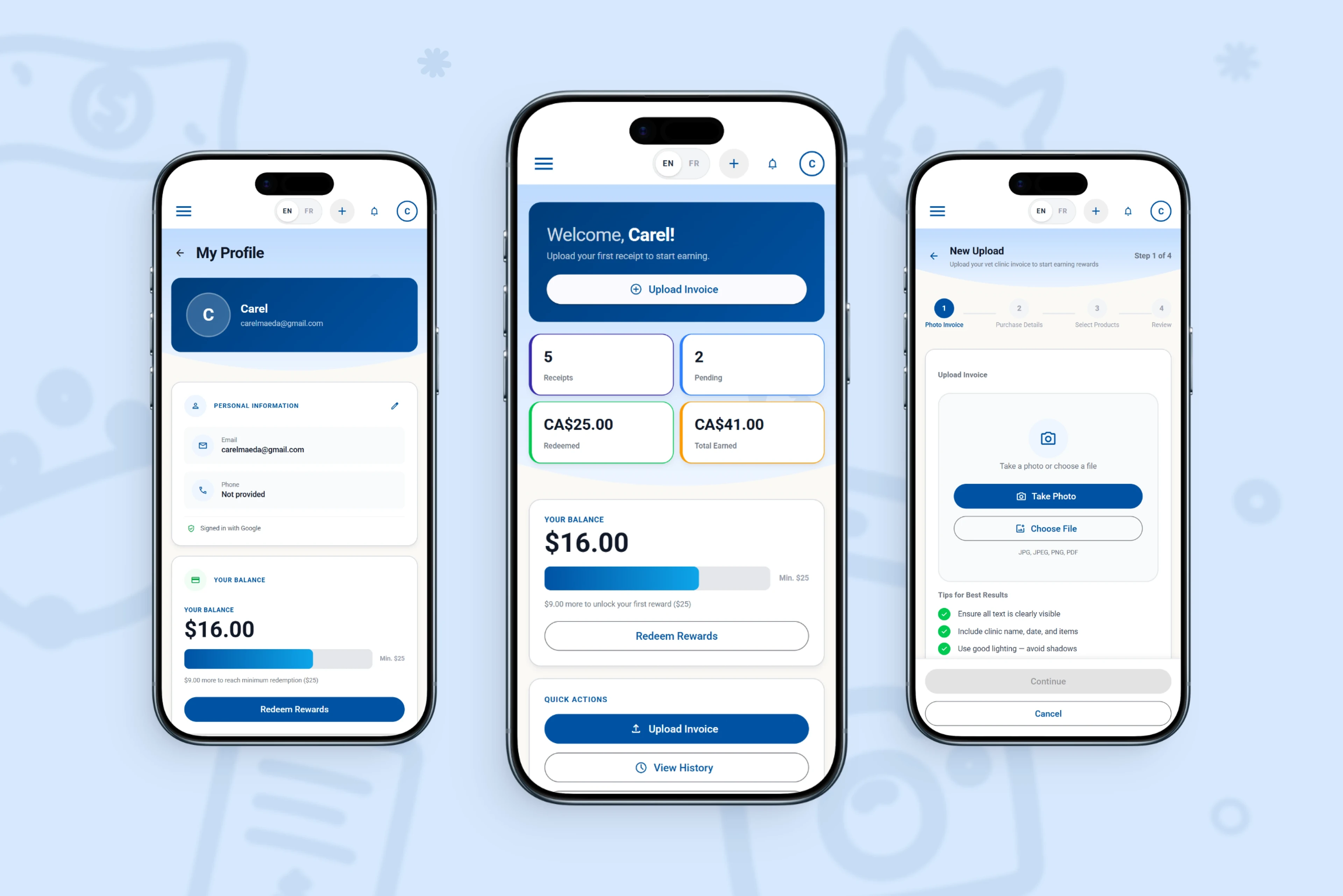 The four key screens: sign-up, receipt upload, earnings dashboard, and redeem.